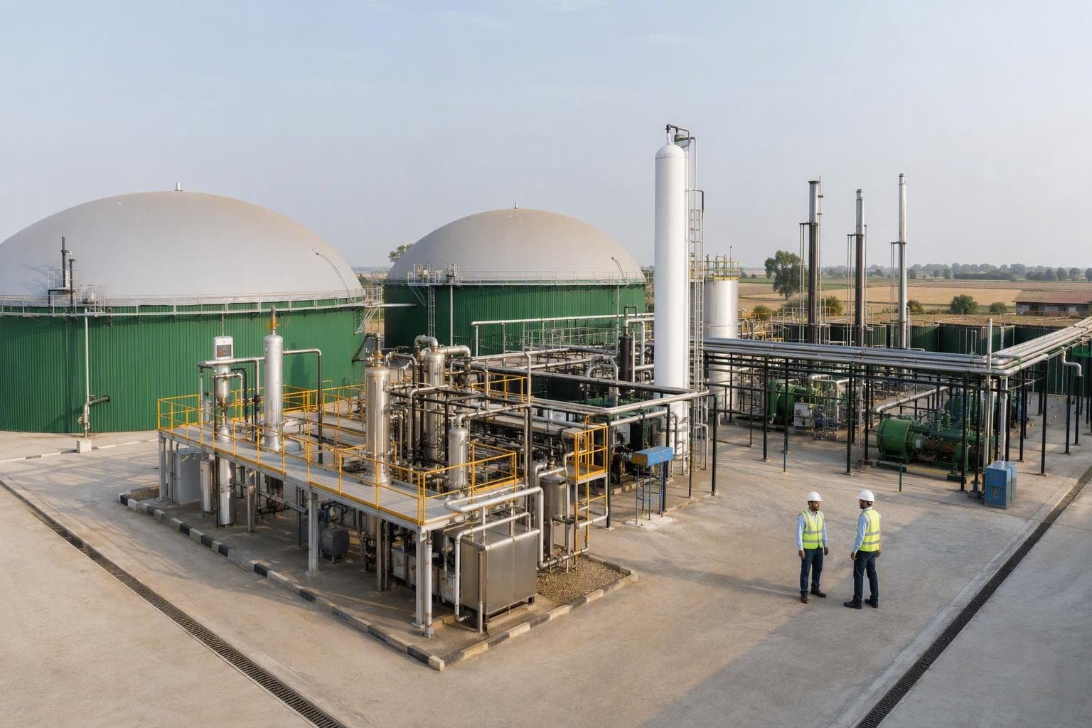 Illustrative view of a compressed biogas plant with digesters and process equipment