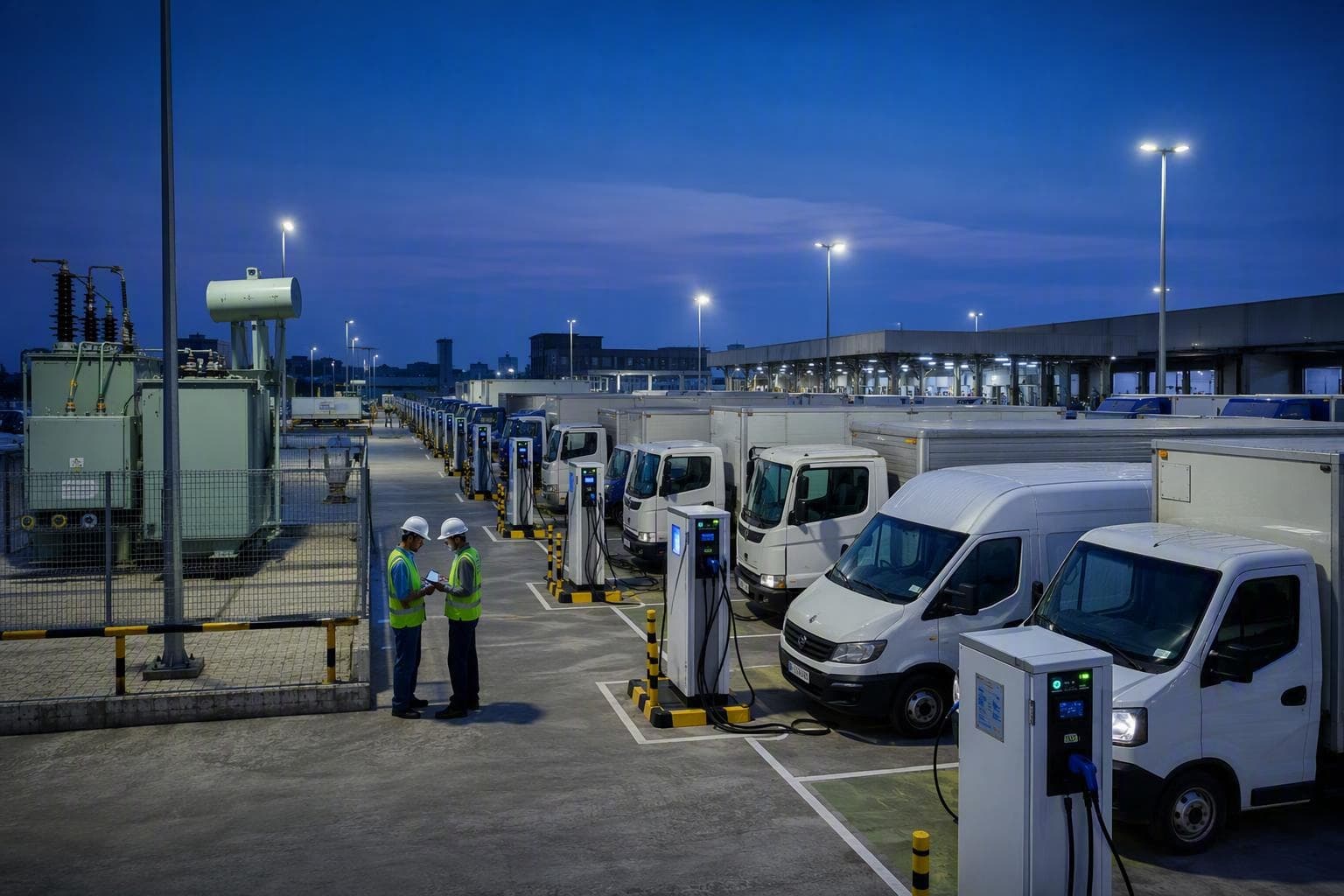 Illustrative view of electric commercial vehicles connected to chargers at a fleet depot