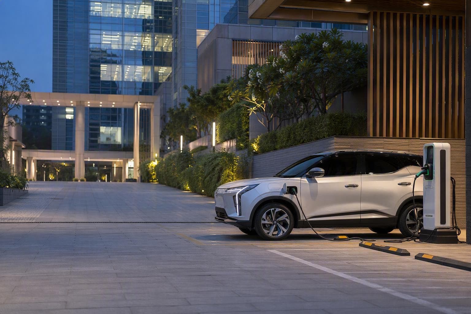 Illustrative view of EV charging infrastructure at a modern commercial development