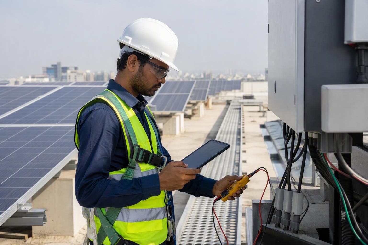 Illustrative view of an engineer inspecting rooftop solar electrical equipment