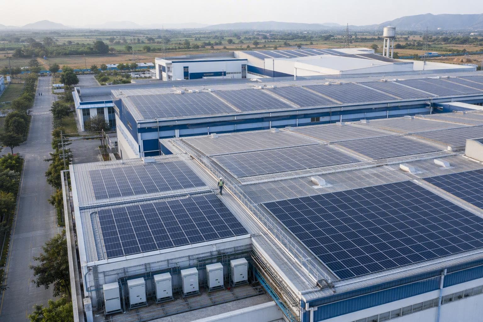 Illustrative view of a large rooftop solar array on an industrial facility